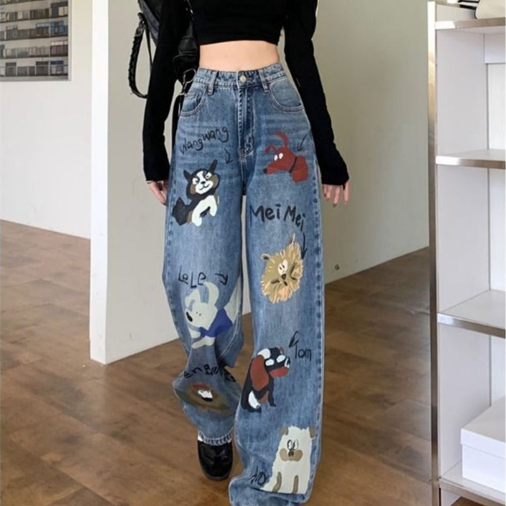 Retro High Street Graffiti Jeans mit weitem Bein für Damen