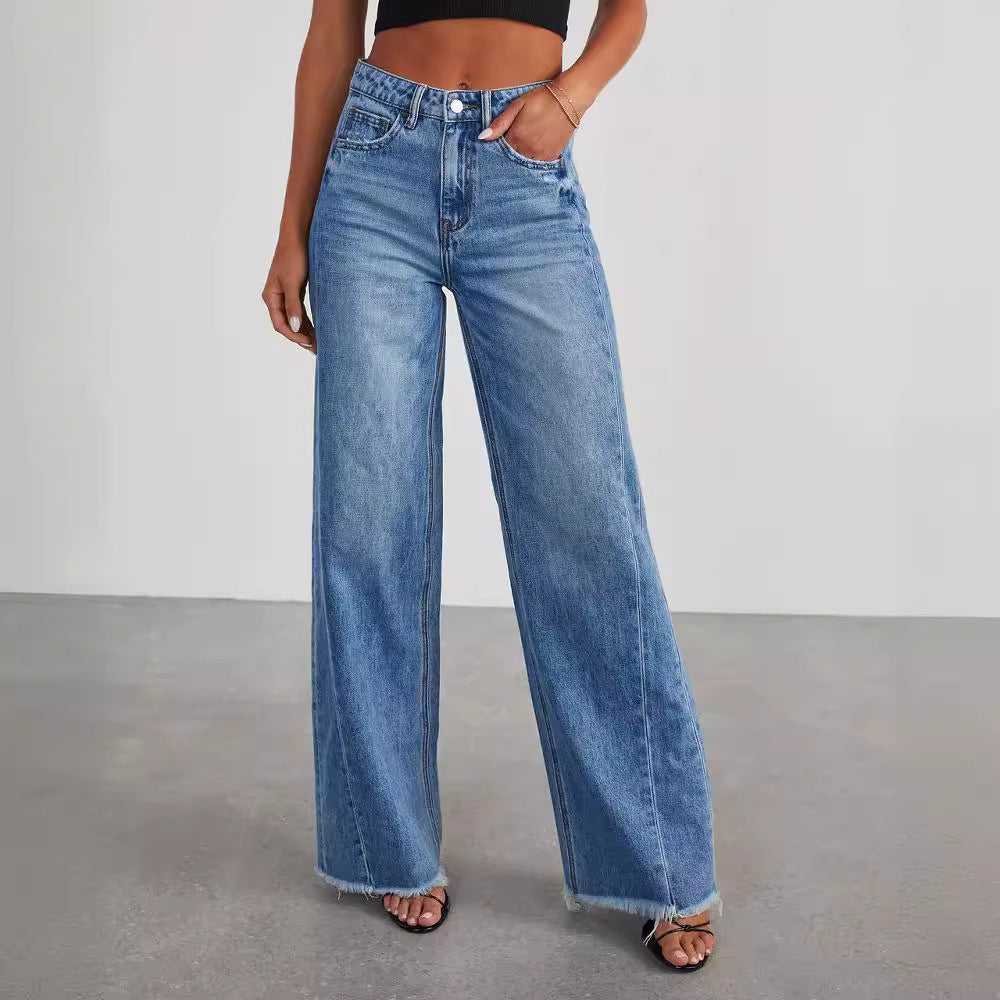 Women's Relaxed Fit Wide-Leg Denim Jeans with Frayed Hem and Side Stitching