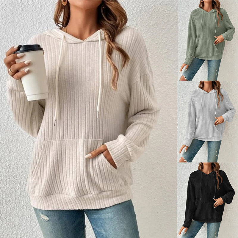 Chic Long-Sleeve Hooded Sweatshirt with Pockets - Solid Color Knitwear for Women