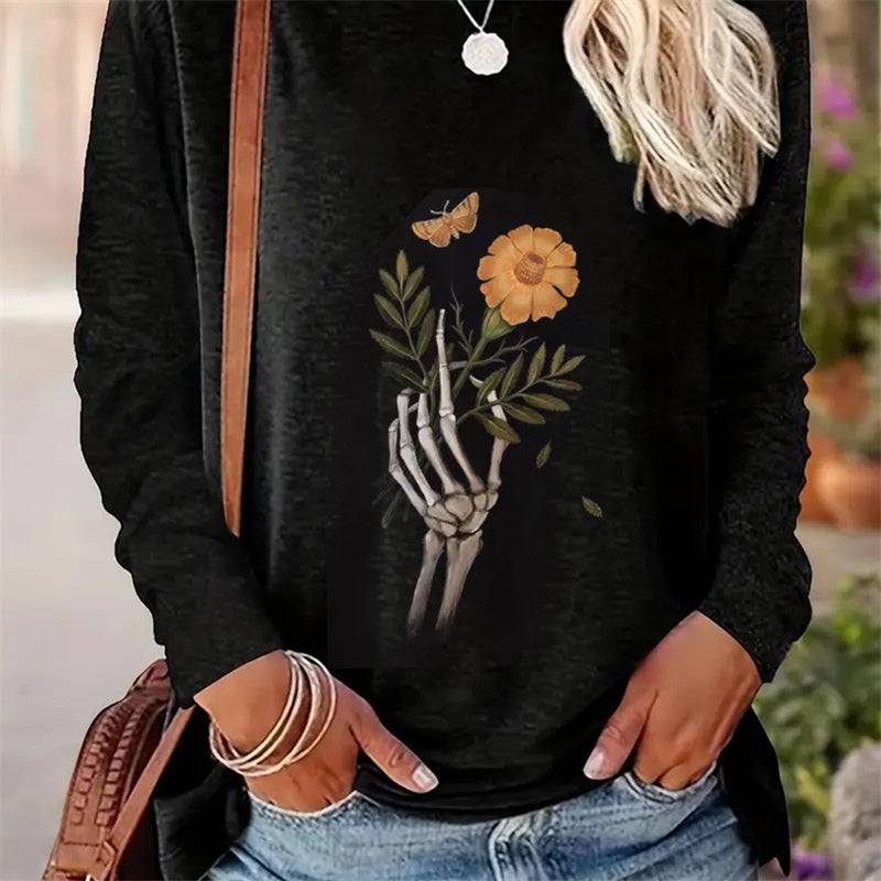 Lässiges Langarm-T-Shirt mit Rundhalsausschnitt und einfachem Frühlings- und Herbst-Print für Damen 