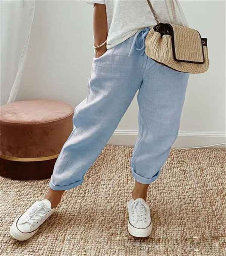 Cropped Light Blue Denim Elastic Waist Pants for Women