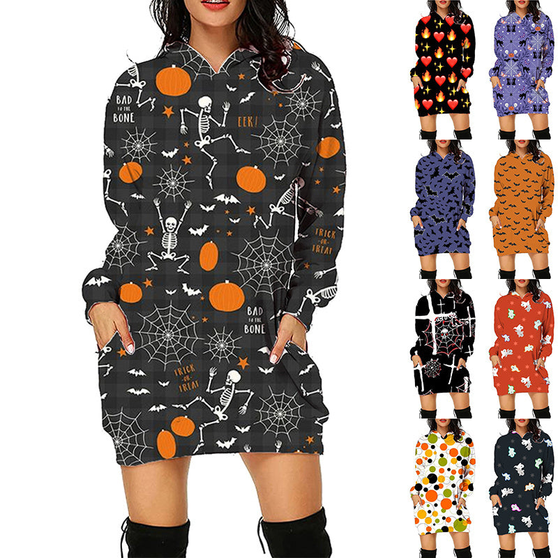 Übergroßer Kapuzenpullover mit Halloween-Motiv und Taschen für Damen