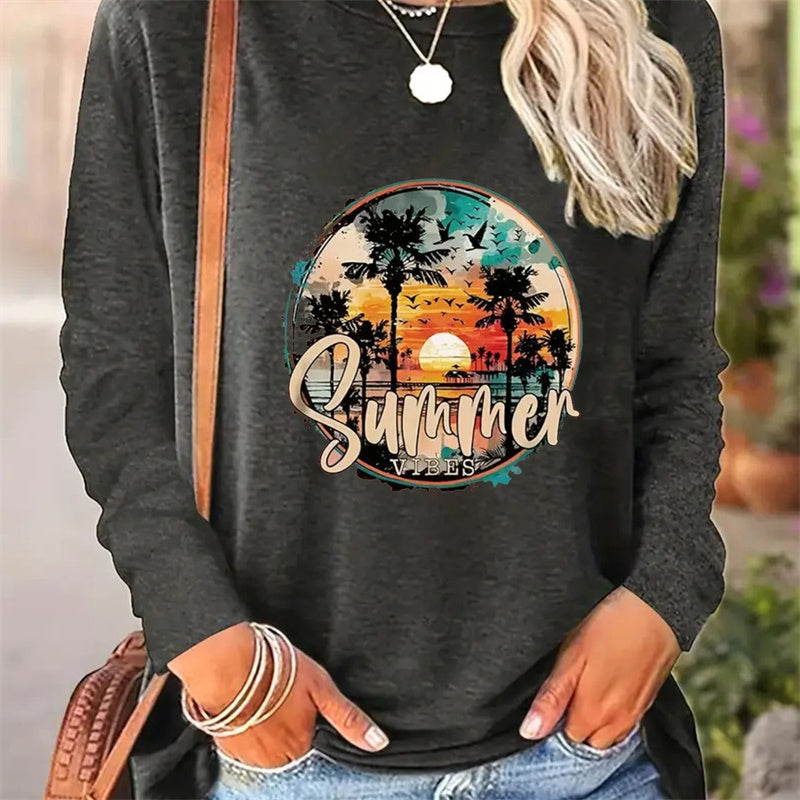 Casual Printed Round Neck Long Sleeve T-Shirt for Women - Spring and Autumn Collection