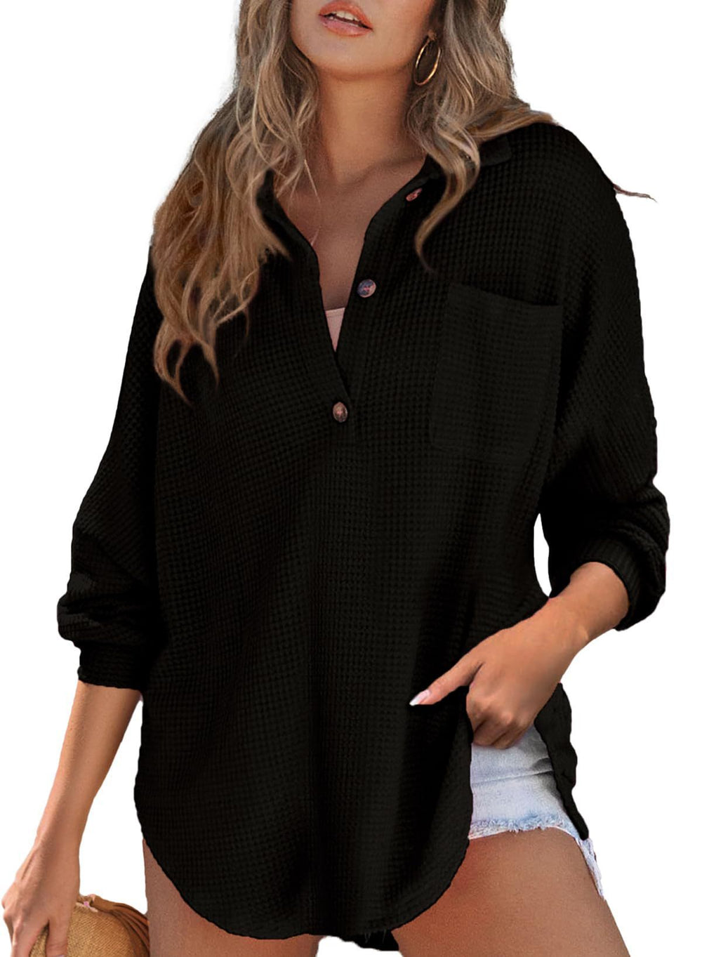 Cozy Women's Loose-Fit Waffle Knit Long Sleeve Pullover Top