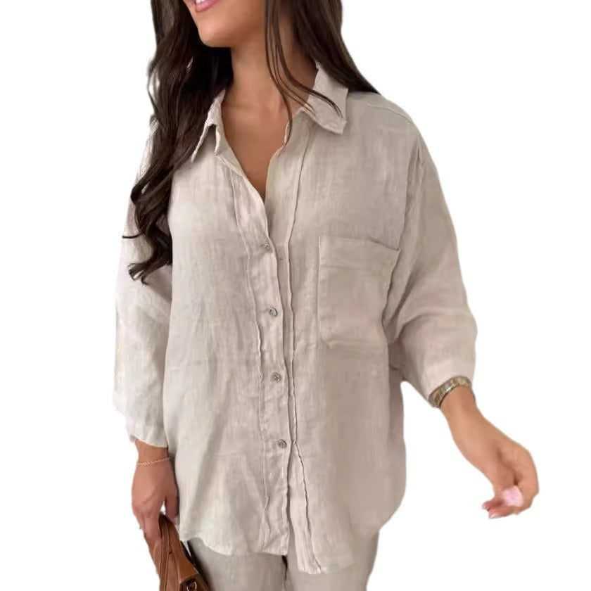 Elegante completo casual da donna con camicia in lino e pantaloni a gamba larga - completo 2 pezzi ampio con tasche