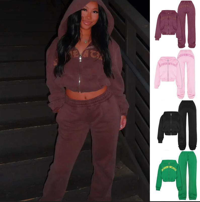 Trendy Zip-Up Hooded Cropped Sweatshirt and Loose Drawstring Pants Set for Women