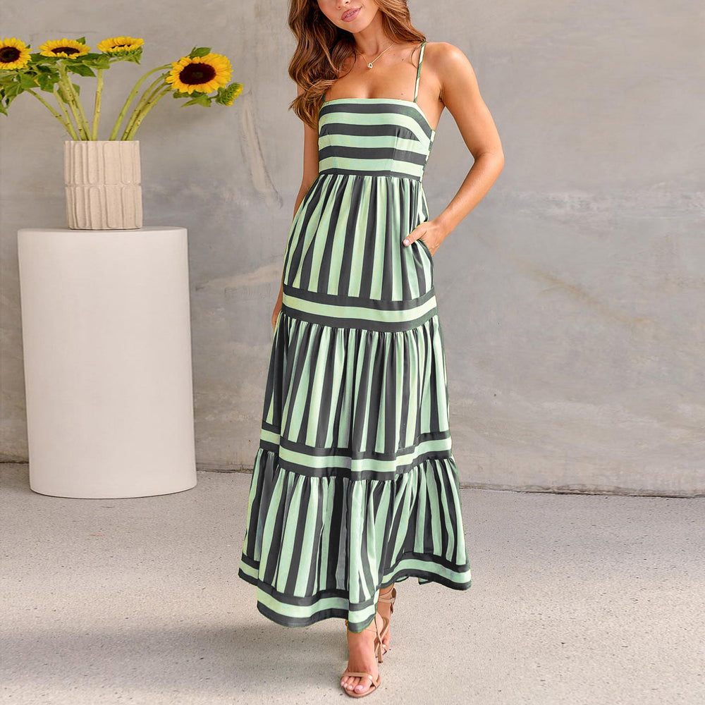 Chic Summer Striped Suspender Dress with Pockets - Stylish Backless Square Neck Dress for Women’s Beach Vacations