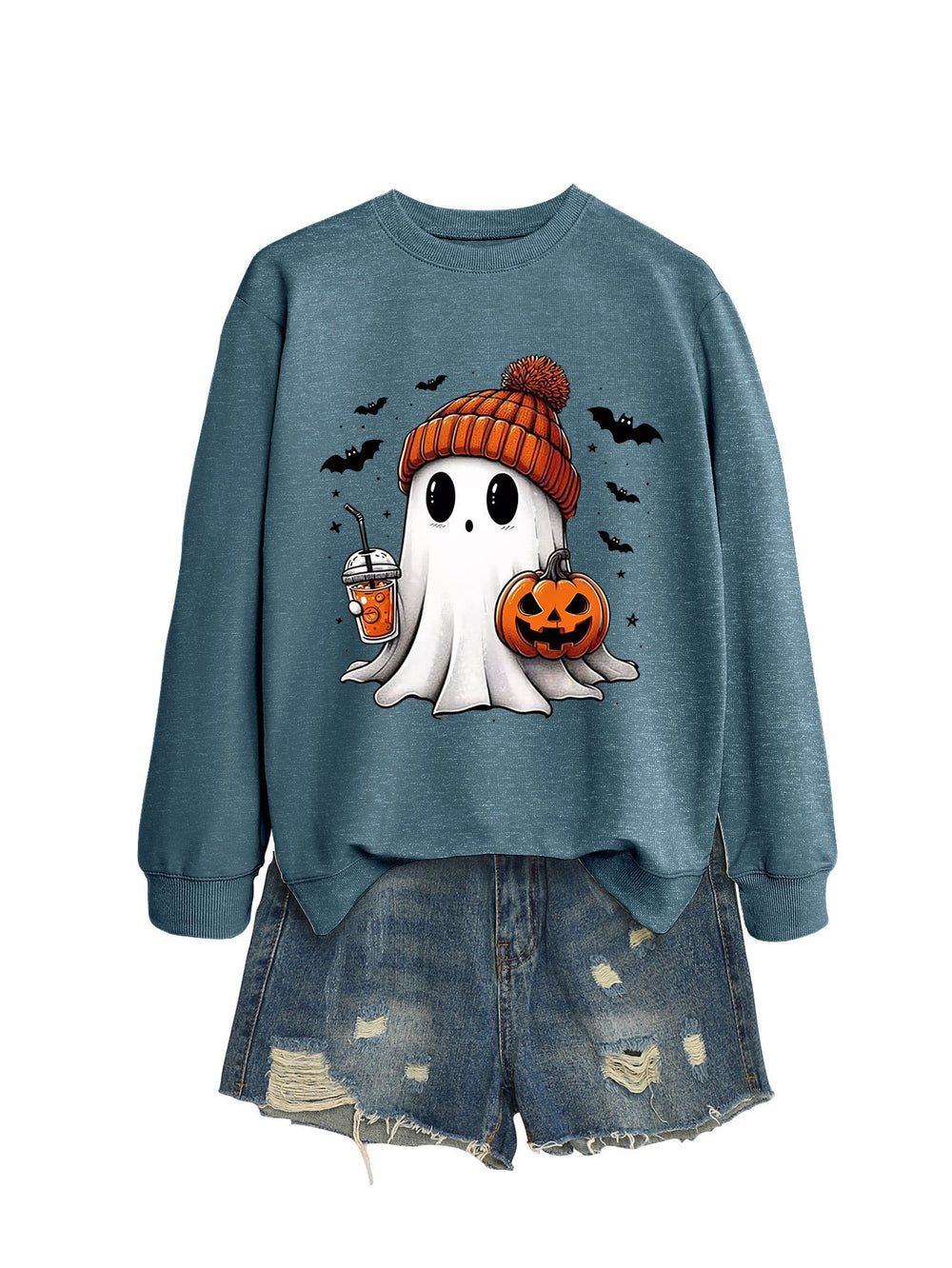 Cozy Long Sleeve Pumpkin Bat Print Crew Neck Sweatshirt in Multiple Colors