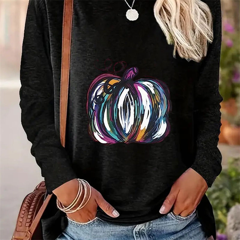 Women's Casual Printed Round Neck Long Sleeve T-Shirt for Spring and Autumn