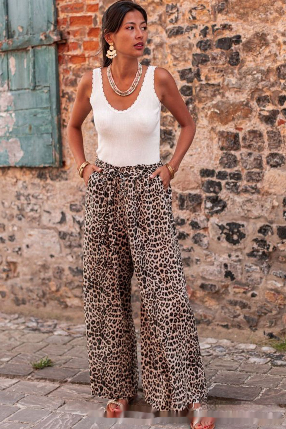 Leopard Print Boho Chic Wide Leg Trousers