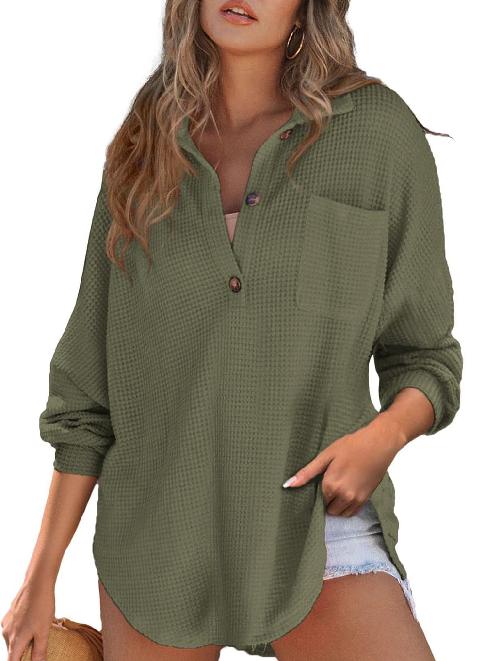 Cozy Women's Loose-Fit Waffle Knit Long Sleeve Pullover Top