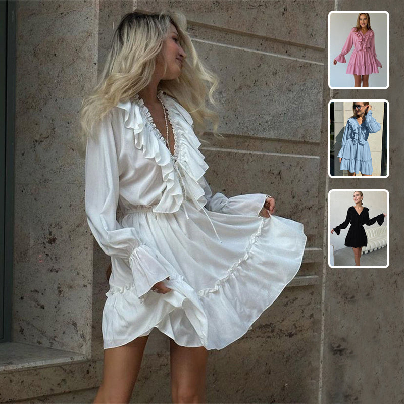 Chic V Neck Ruffled Long Sleeve Dress with Flared Sleeves - Y2K Style Women's Fashion