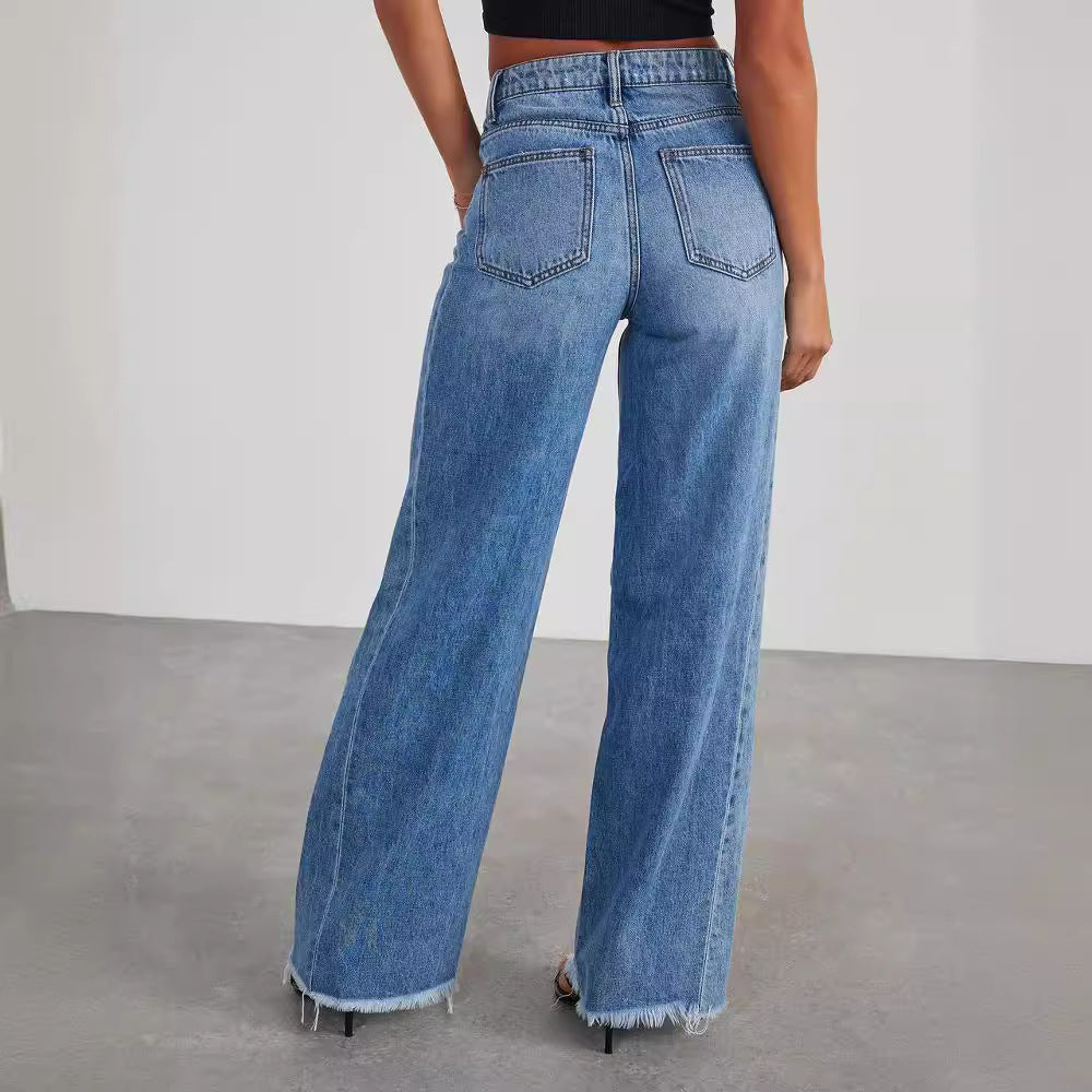 Women's Relaxed Fit Wide-Leg Denim Jeans with Frayed Hem and Side Stitching