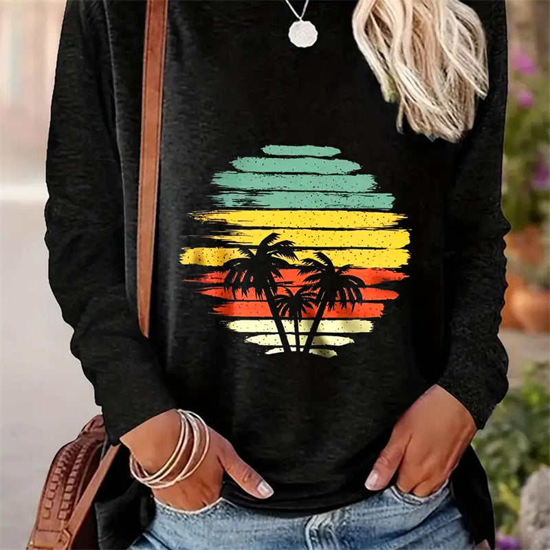 Casual Women's Round Neck Long Sleeve T-shirt with Simple Pattern for Spring and Autumn