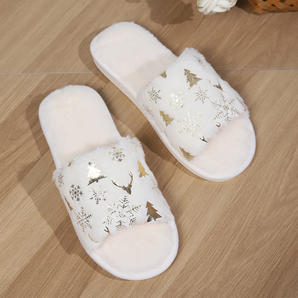 Festive Open-Toed Plush Slippers for Couples - Cozy Non-Slip Indoor House Shoes with Christmas Designs