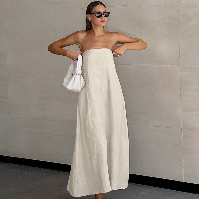 Khaki Cotton Linen Off-Shoulder Tube Dress for Vacation with High Waist Design