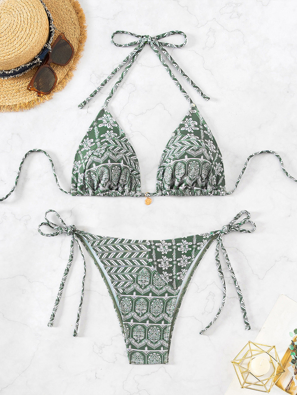 Fashionable Bandage Detail Split Bikini with Printed Stitching - Beachwear Beauty