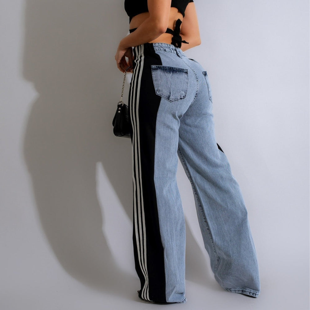 Trendy High Waist Elastic Straight Leg Denim Pants with Three Stripe Patchwork for Casual Streetwear