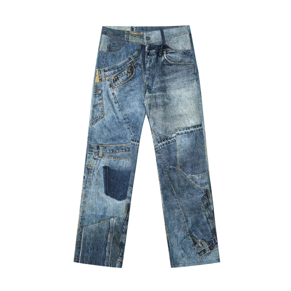 Youthful Blue Denim Casual Trousers with Digital Print