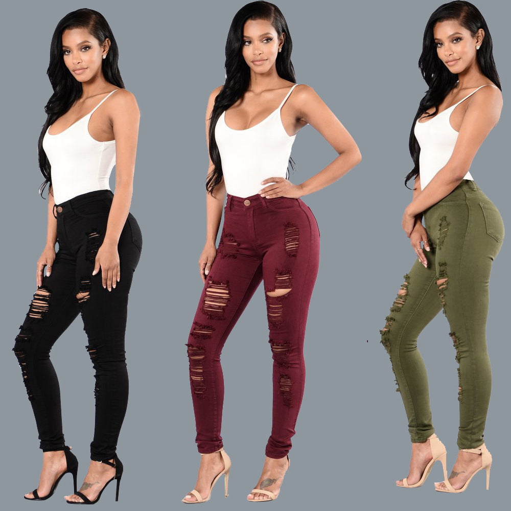 Women's Trendy Multi-Color Knee-Ripped Slim Jeans with Repairs