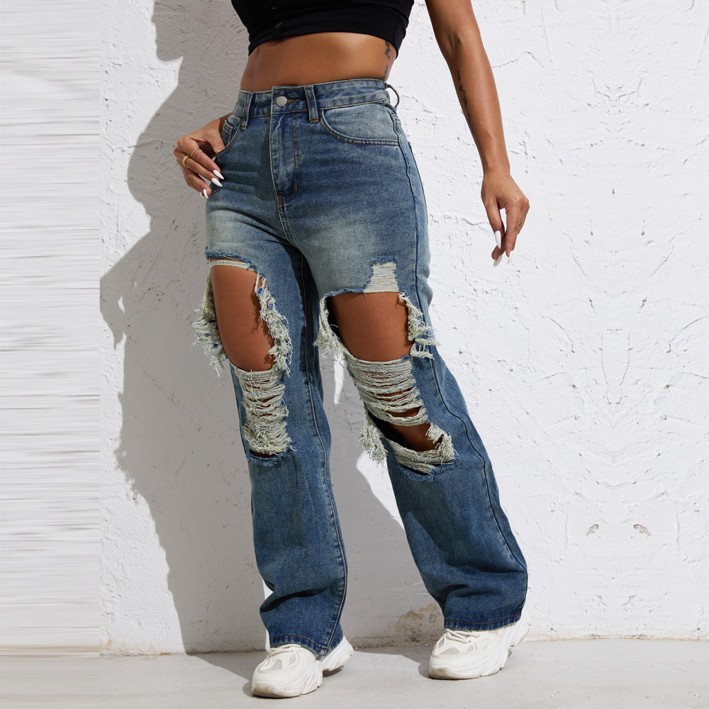 Jeans da donna a gamba dritta strappati e lavaggio blu retrò - Pantaloni larghi da streetwear Shascullfites