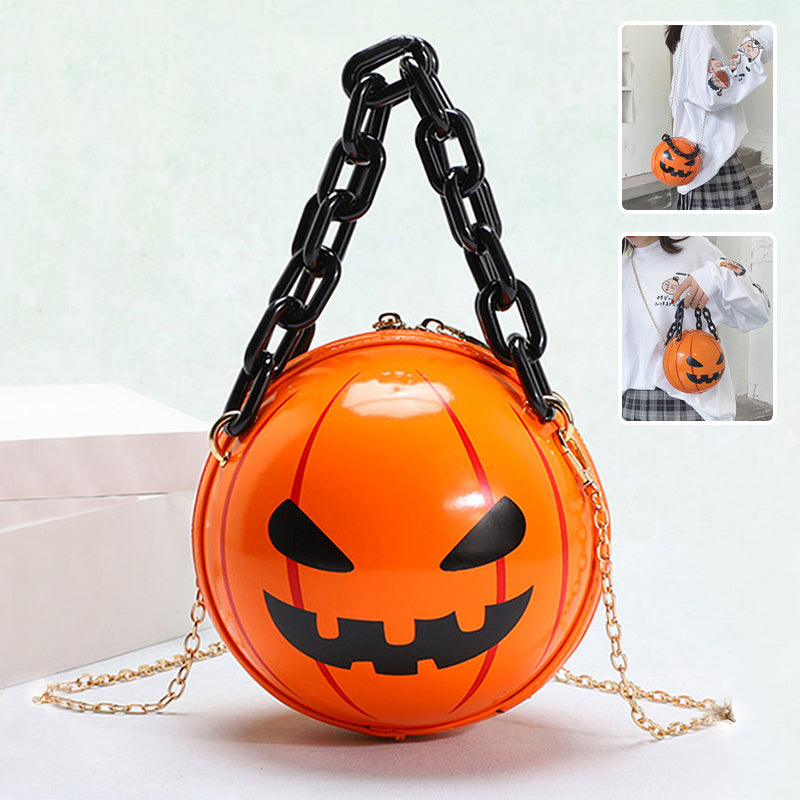 Skurrile Halloween-Handtaschen mit Kürbiskugeln und Kette – lustige Schultertaschen für Kinder und Frauen