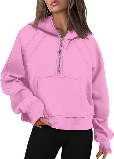 Zippered Long Sleeve Hooded Sweatshirt with Front Pocket - Women's Casual Pullover for Winter and Fall