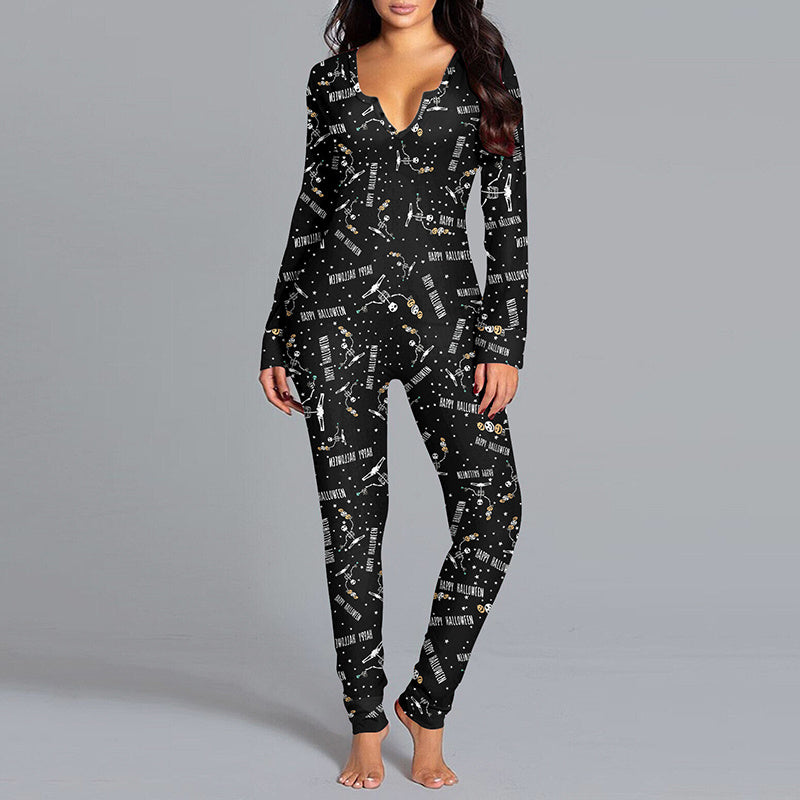 Halloween Themed Long Sleeve Jumpsuit - Women's Casual Pajama Set with Trousers