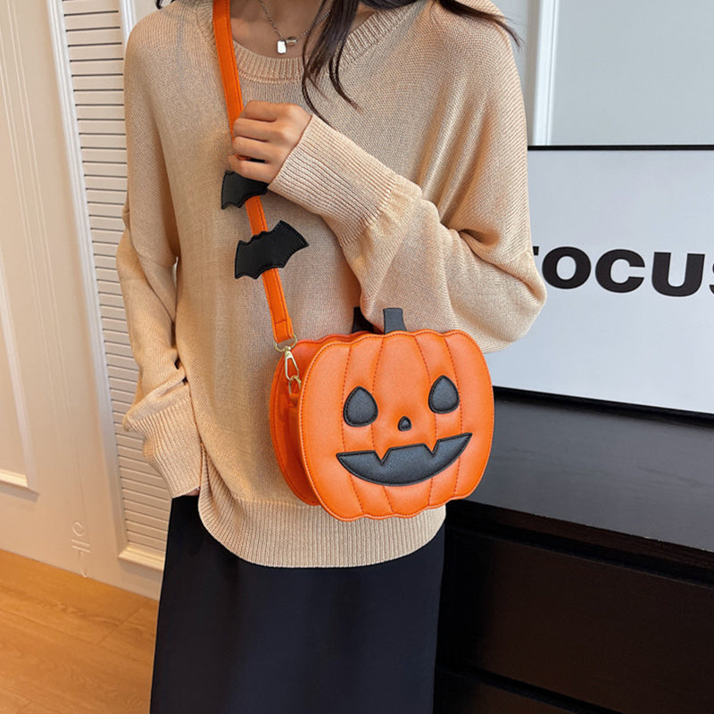 Creative Cartoon Pumpkin Crossbody Bag with Bat for Halloween - Personalized Women's Messenger Bag