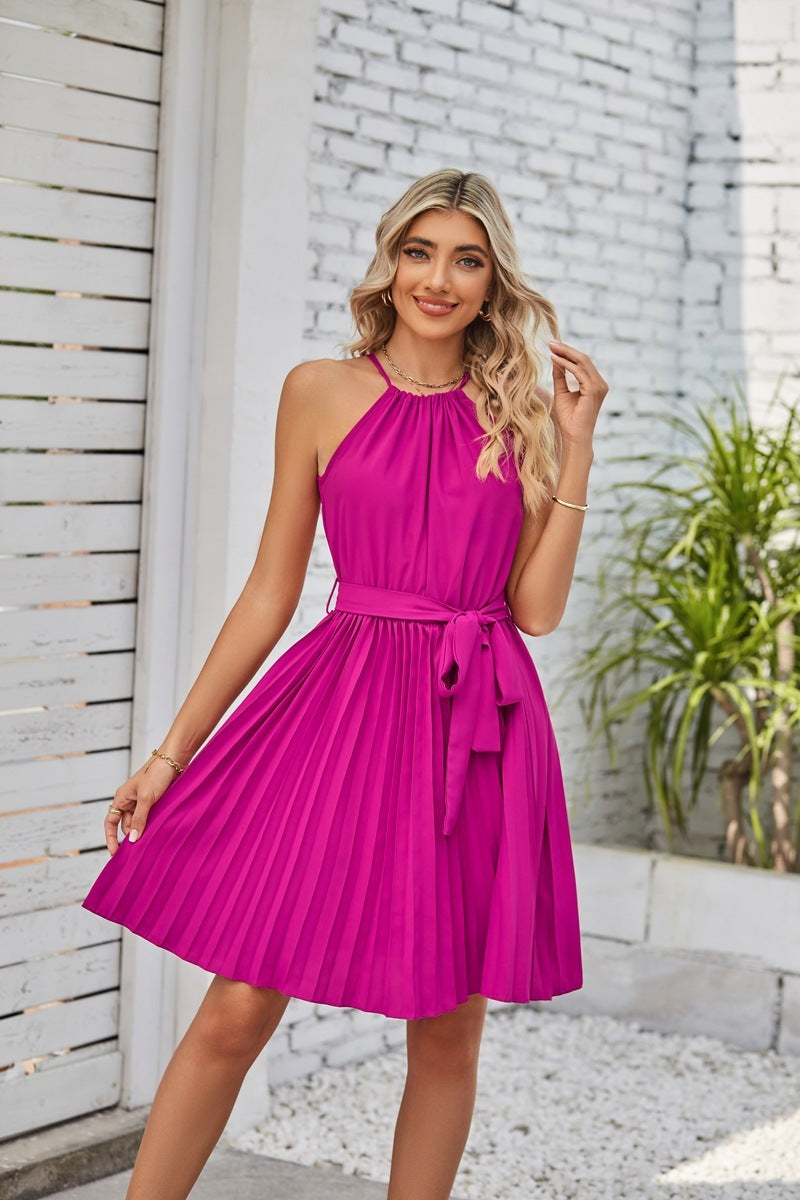 Hanging Neck Midi Dresses with Pleated Skirt for Women - Solid Color Summer Sundress