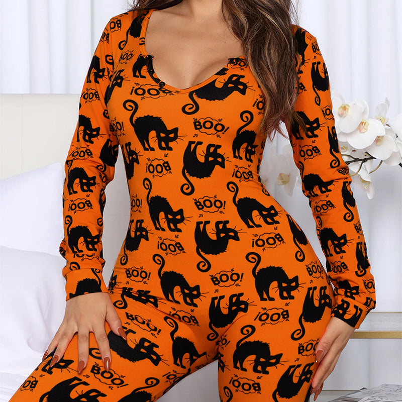 Halloween Themed Long Sleeve Jumpsuit - Women's Casual Pajama Set with Trousers