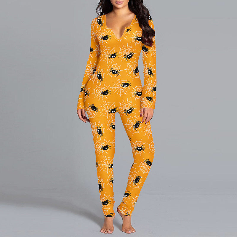 Halloween Themed Long Sleeve Jumpsuit - Women's Casual Pajama Set with Trousers