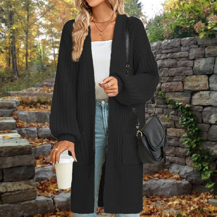 Loose-Fitting Lantern Sleeve Cardigan with Pockets for Women - Mid-Length Autumn/Winter Coat in Multiple Colors