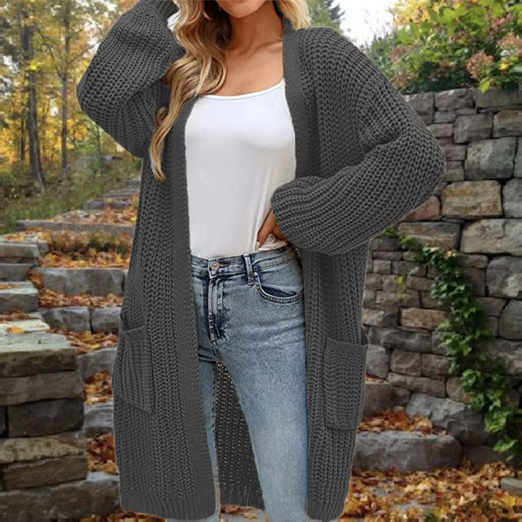 Loose-Fitting Lantern Sleeve Cardigan with Pockets for Women - Mid-Length Autumn/Winter Coat in Multiple Colors