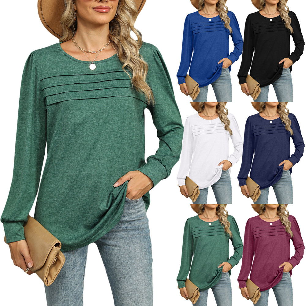 Chic Solid Color U-neck Pleated Long Sleeve Top for Women