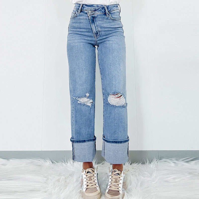 Hoch taillierte, einfarbige, zerrissene Jeans für Damen