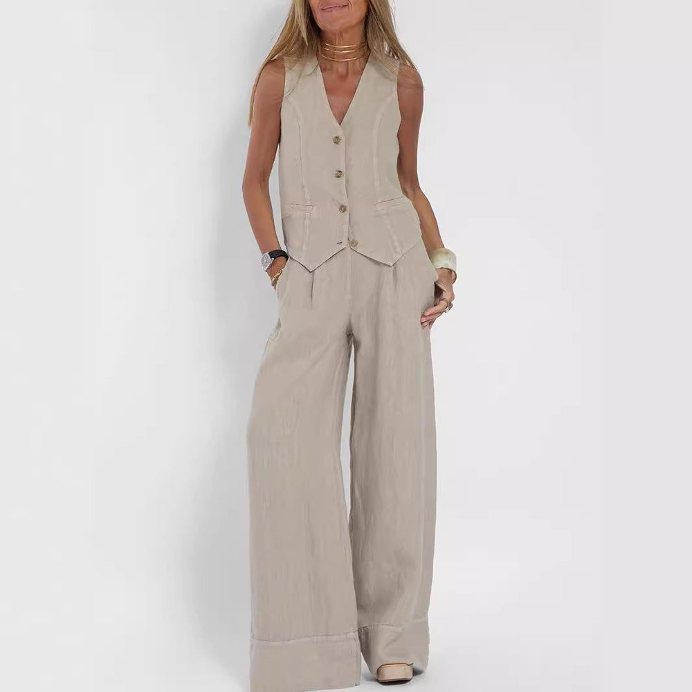 Completo estivo chic con gilet senza maniche con scollo a V e pantaloni larghi per donna