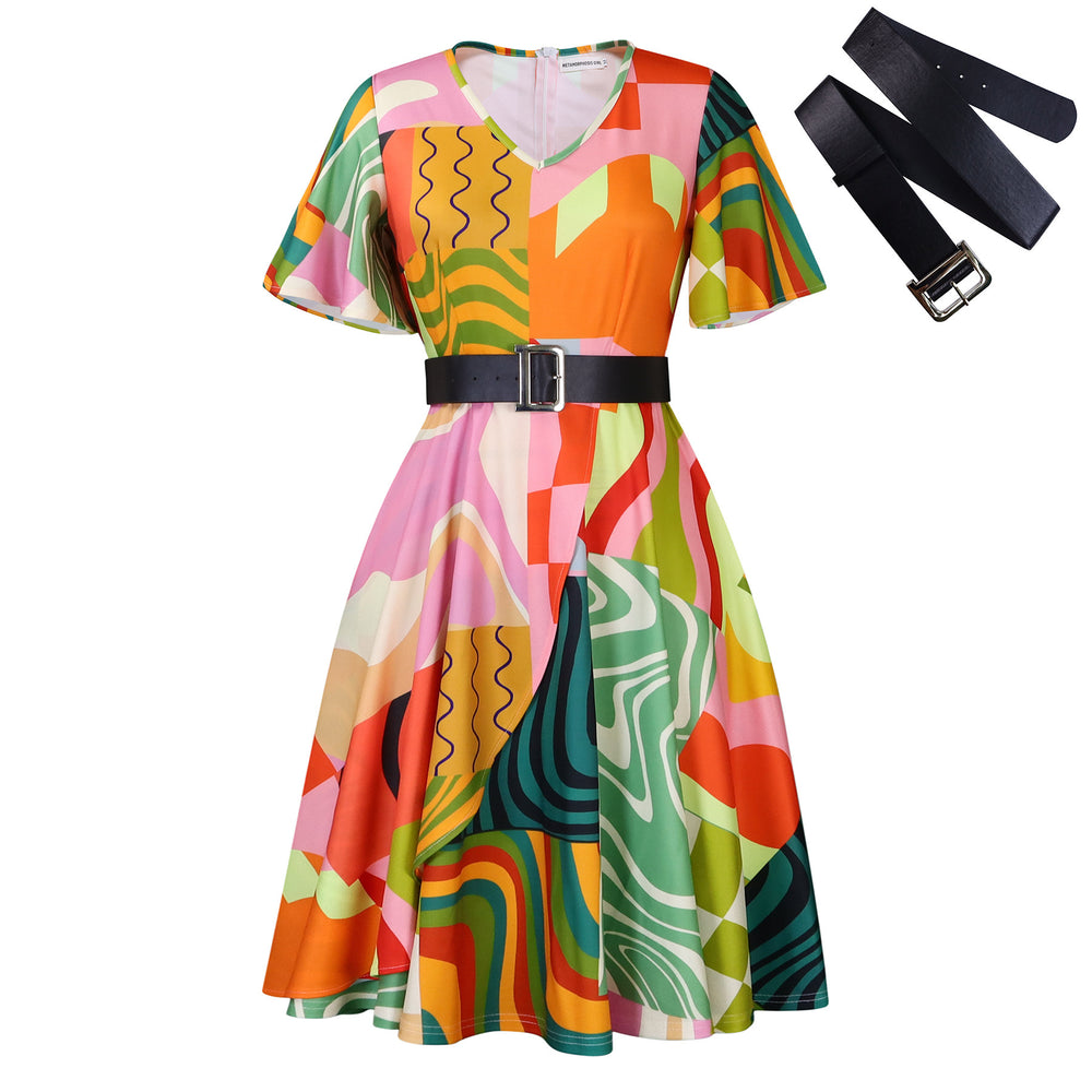 Elegant Plus Size Mid-Length Lace Printed Dress with Colorful Belts