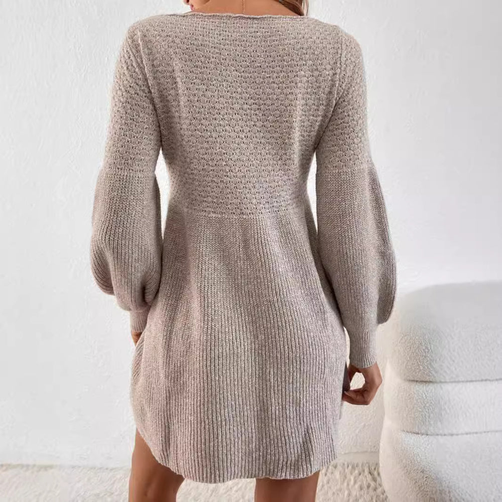 Chic High-Waisted Knitted Sweater Dress with Lantern Sleeves and A-Line Hem