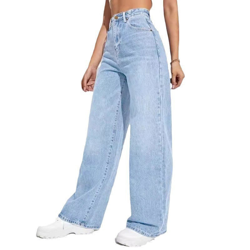 High-Waisted Slim Straight Jeans for Women - Light Blue Casual Style