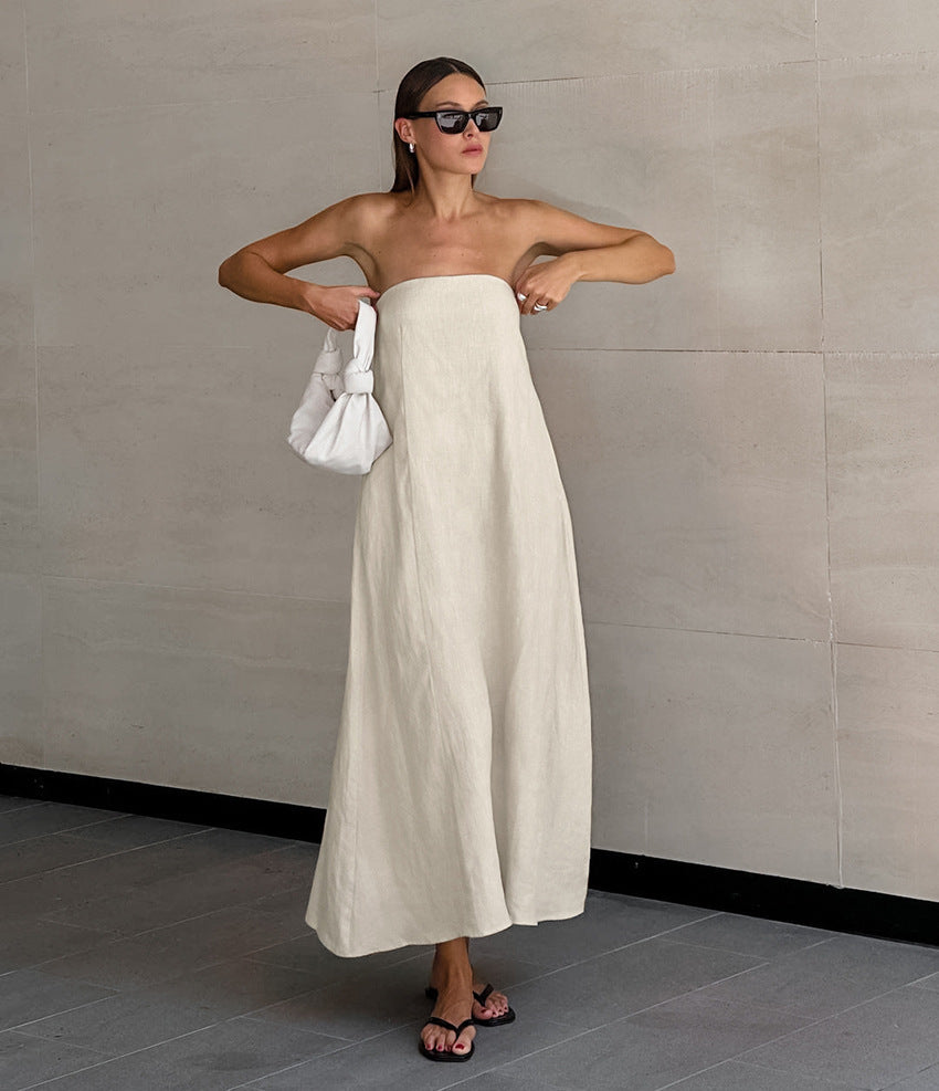 Khaki Cotton Linen Off-Shoulder Tube Dress for Vacation with High Waist Design