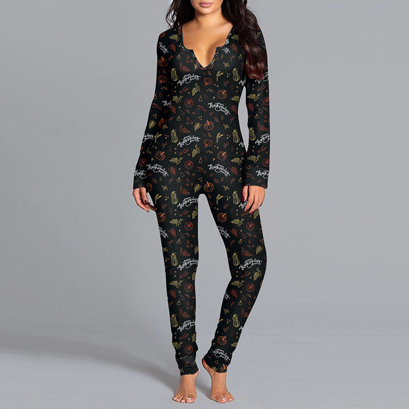 Halloween Themed Long Sleeve Jumpsuit - Women's Casual Pajama Set with Trousers