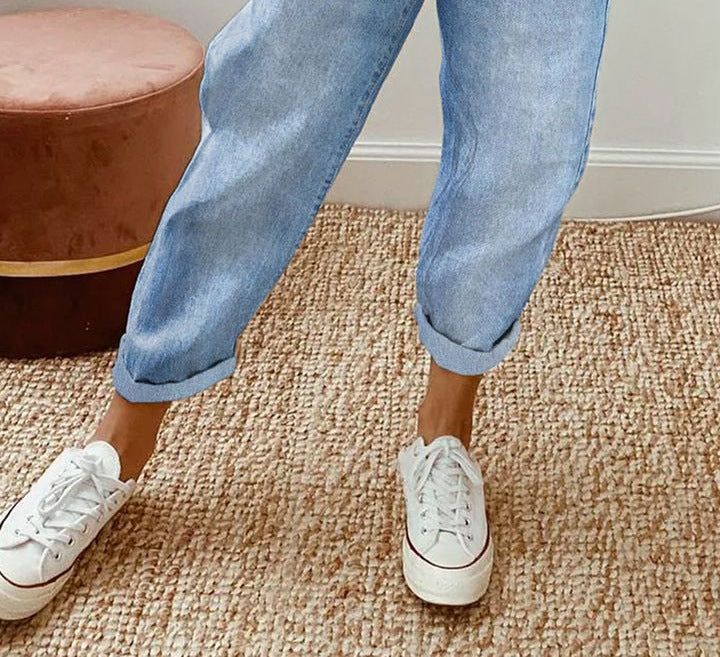 Cropped Light Blue Denim Elastic Waist Pants for Women