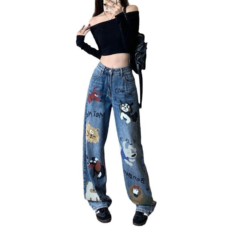 Retro High Street Graffiti Jeans mit weitem Bein für Damen