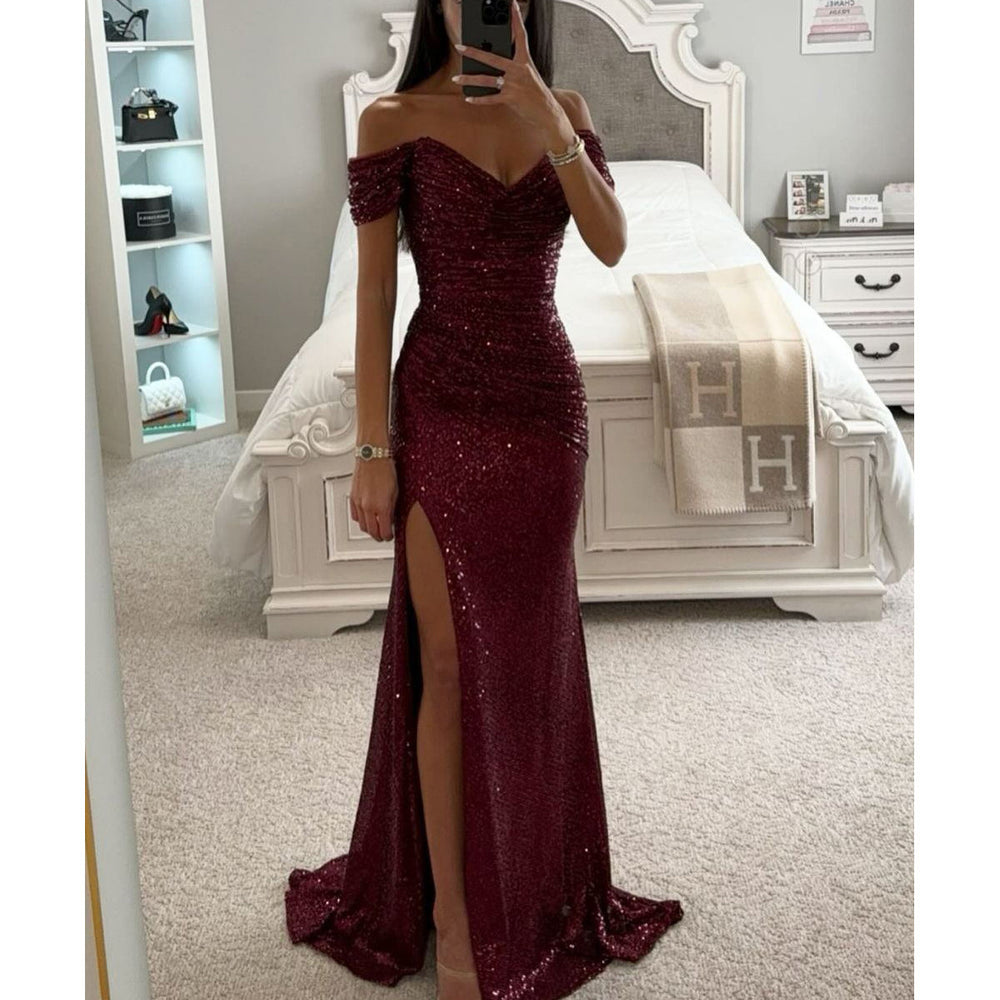 Shimmering Off-Shoulder Party Dress - Elegant Sequined Gown