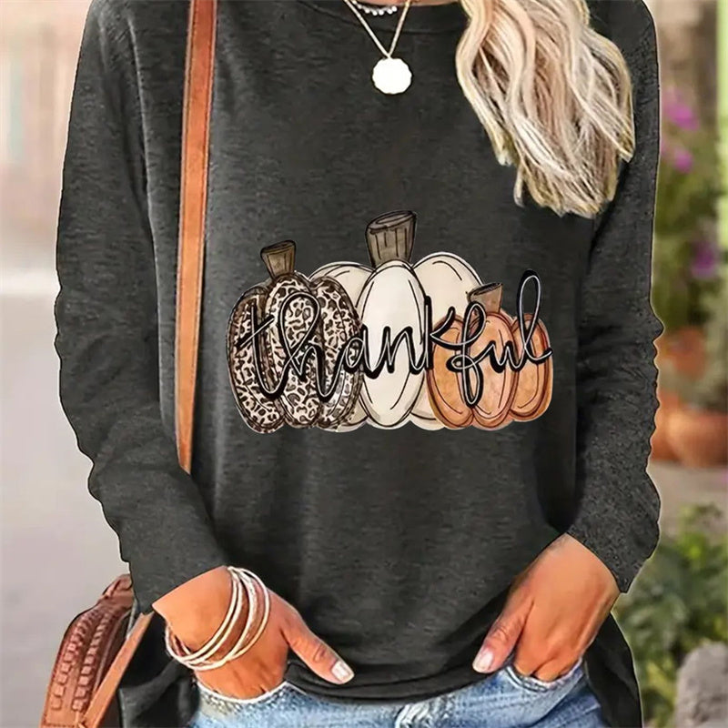 Casual Long Sleeve Round Neck T-shirt for Women with Simple Spring and Autumn Patterns