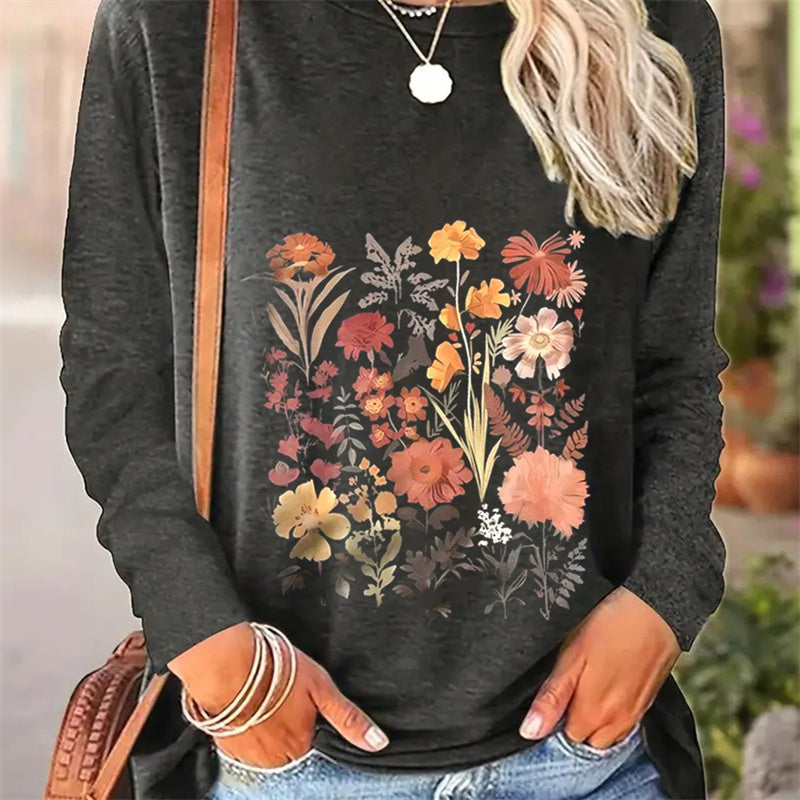 Casual Round Neck Long Sleeve T-shirt for Women with Simple Pattern Printing for Spring and Autumn