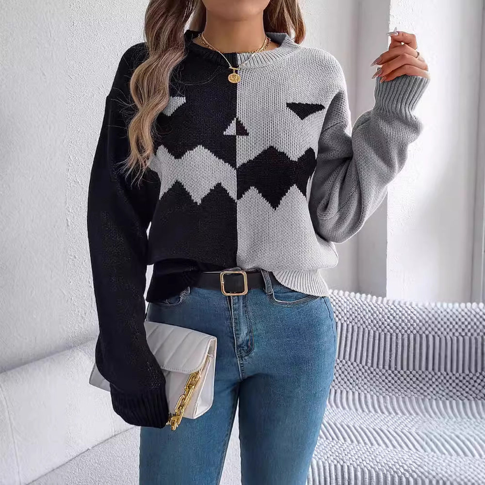 Halloween Ghost-Themed Contrast Pullover Sweater for Women - Stylish Long Sleeve Knitted Top