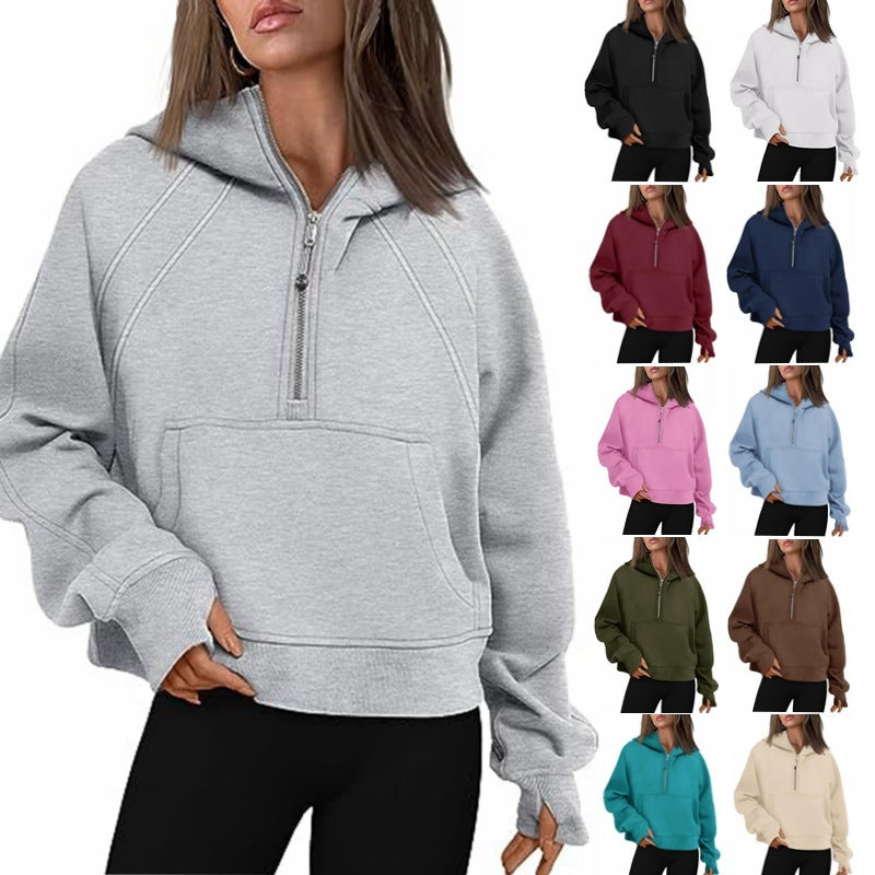 Zippered Long Sleeve Hooded Sweatshirt with Front Pocket - Women's Casual Pullover for Winter and Fall