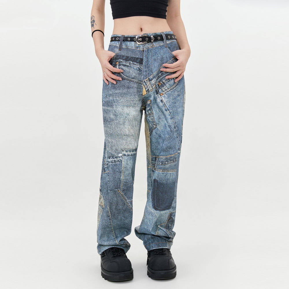 Youthful Blue Denim Casual Trousers with Digital Print